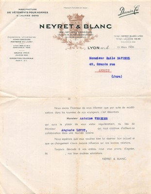 1934 MANUFACTURE OF CLOTHING FOR MEN AND YOUNG PEOPLE NEYRET & WHITE A L