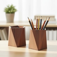 Wood Pen Pencil Holder Set Black Walnut Geometric Desk Organizer for Office Home