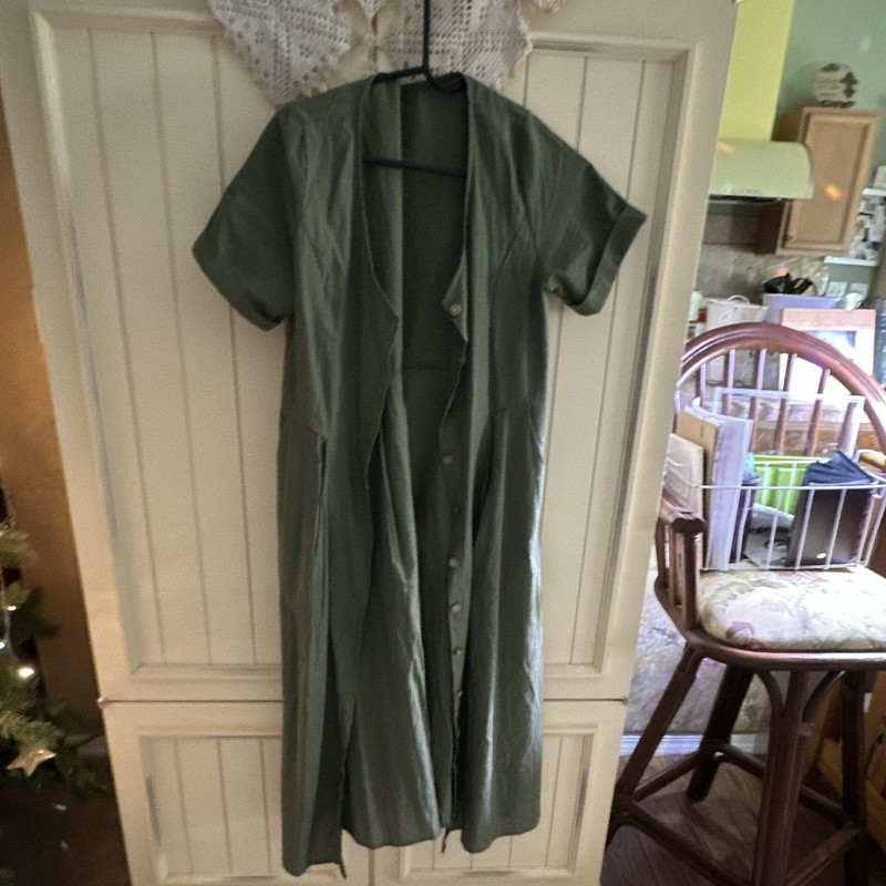 Women’s Green Solid V-Neck Short Sleeve Button-Front Jumpsuit Pockets S