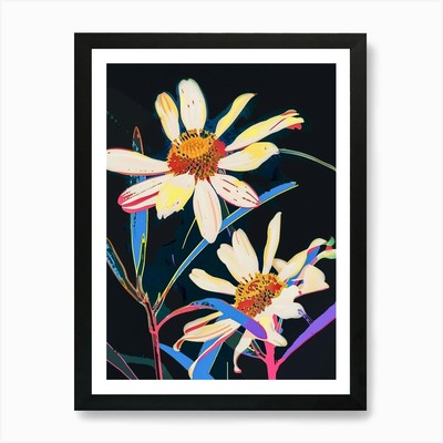 Neon Flowers On Black Oxeye Daisy 1 Framed Wall Art Poster Canvas Print Picture