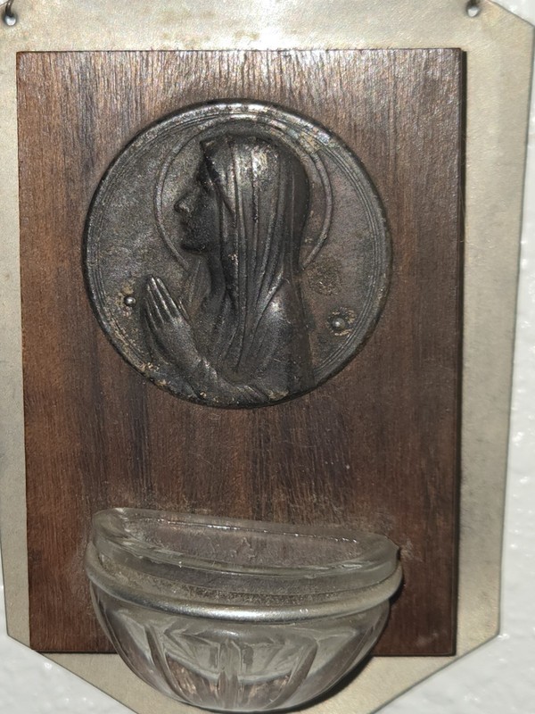 Antique Christian French France Holy Water Font  With Our Lady