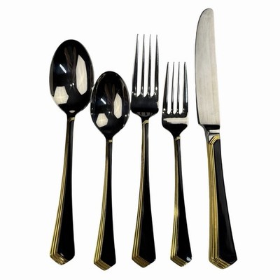 Yamazaki Ramona Patrick Japan Black Gold Flatware 64 Pc Service for 12 + Set EUC
