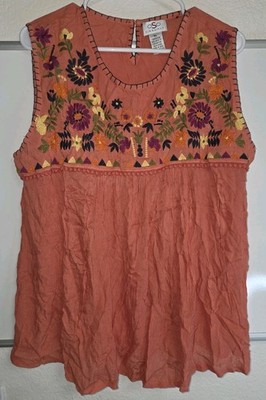 OSO Casuals Woven Sleeveless Floral Embroidered Top XL in Orange Peach