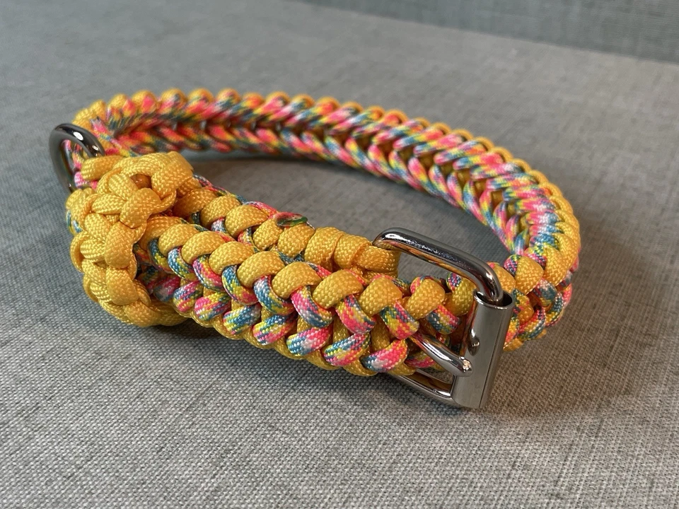 Collar para perro Paracord 20" pulgadas amarillo y rosa hebilla de cinturón estilo herrajes Foto 3 de 4