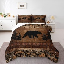 Bear Comforter Set Queen Size, Retro Brown Wooden Print Bedding Set for Kids ...