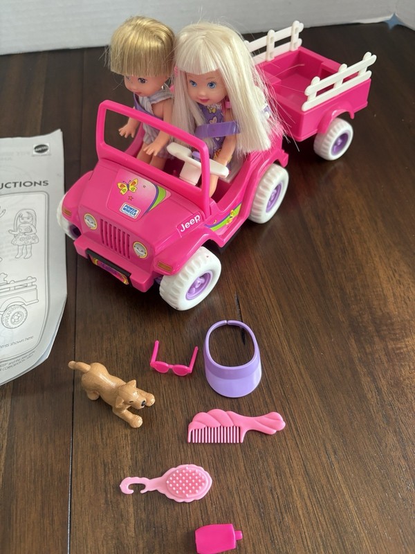 Vintage 1997 Power Wheels Jeep Barbie Sister Kelly with Tommy Trailer Complete
