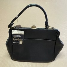 Vintage Mr Mart Black Genuine Leather Top Handle Kiss Lock Frame Handbag NWT