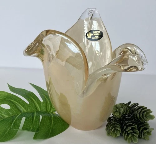 Murano Italy Vintage Hand Blown Art Glass Vase Lite Amber 6” In Tall