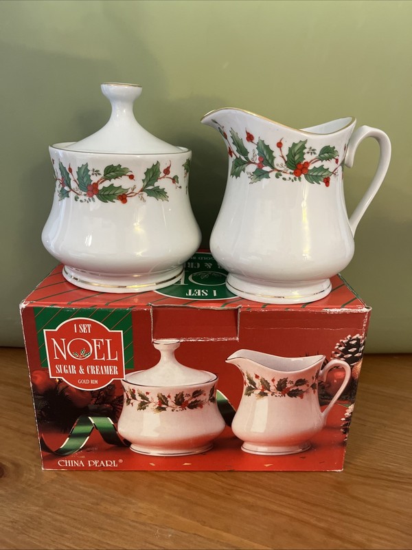 Christmas China Pearl NOEL Creamer And Sugar Bowl Gold Rim In Original Box
