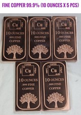 10 Oz, Copper Bullion Bar .999 Fine, Pure Copper Polished Finish, 5 Pcs