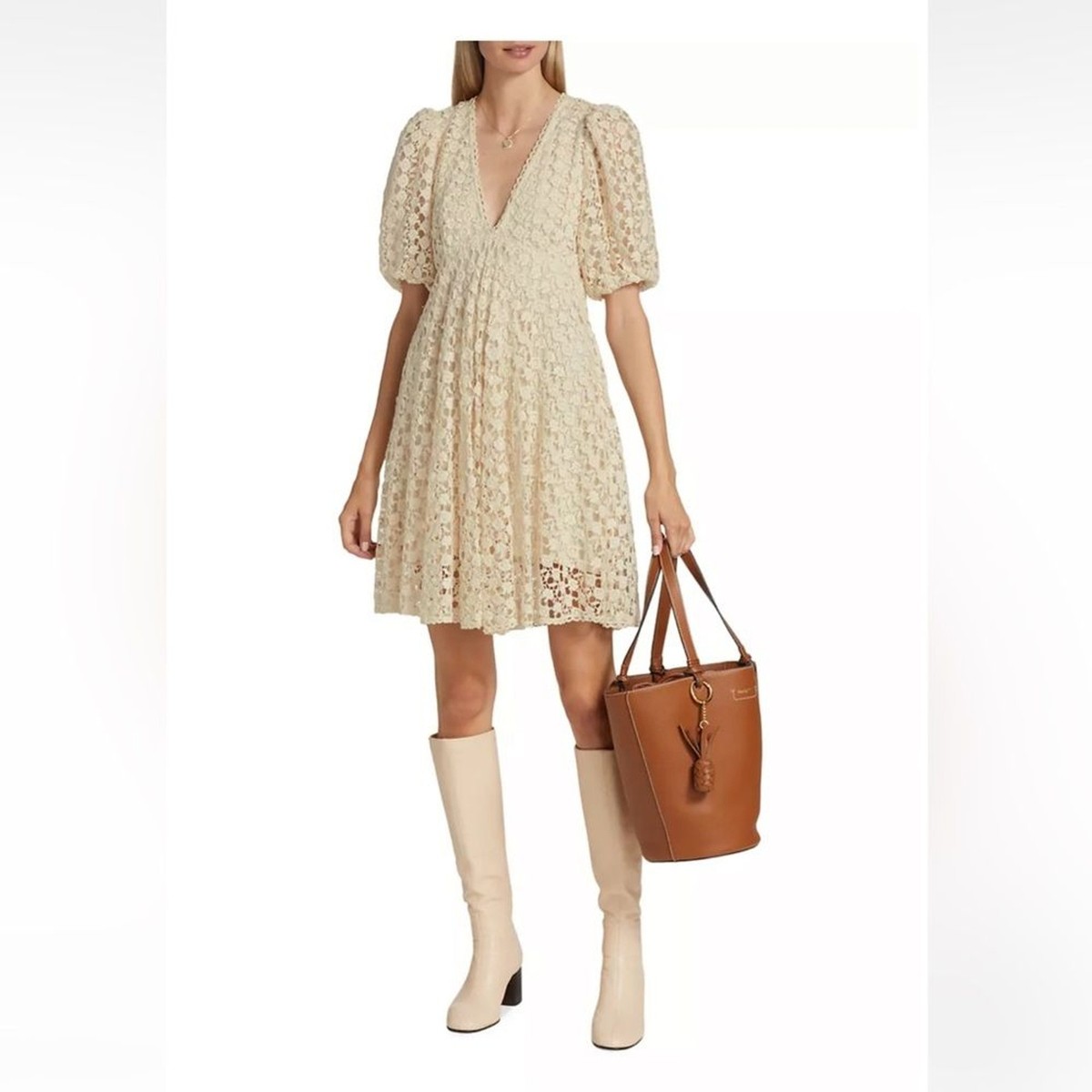 Read description byTiMo Puff-Sleeve Lace Crochet Dress