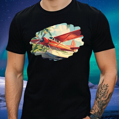 Men's Seaplane Palm Tree Print Cotton T-Shirt Size XS to 5XL