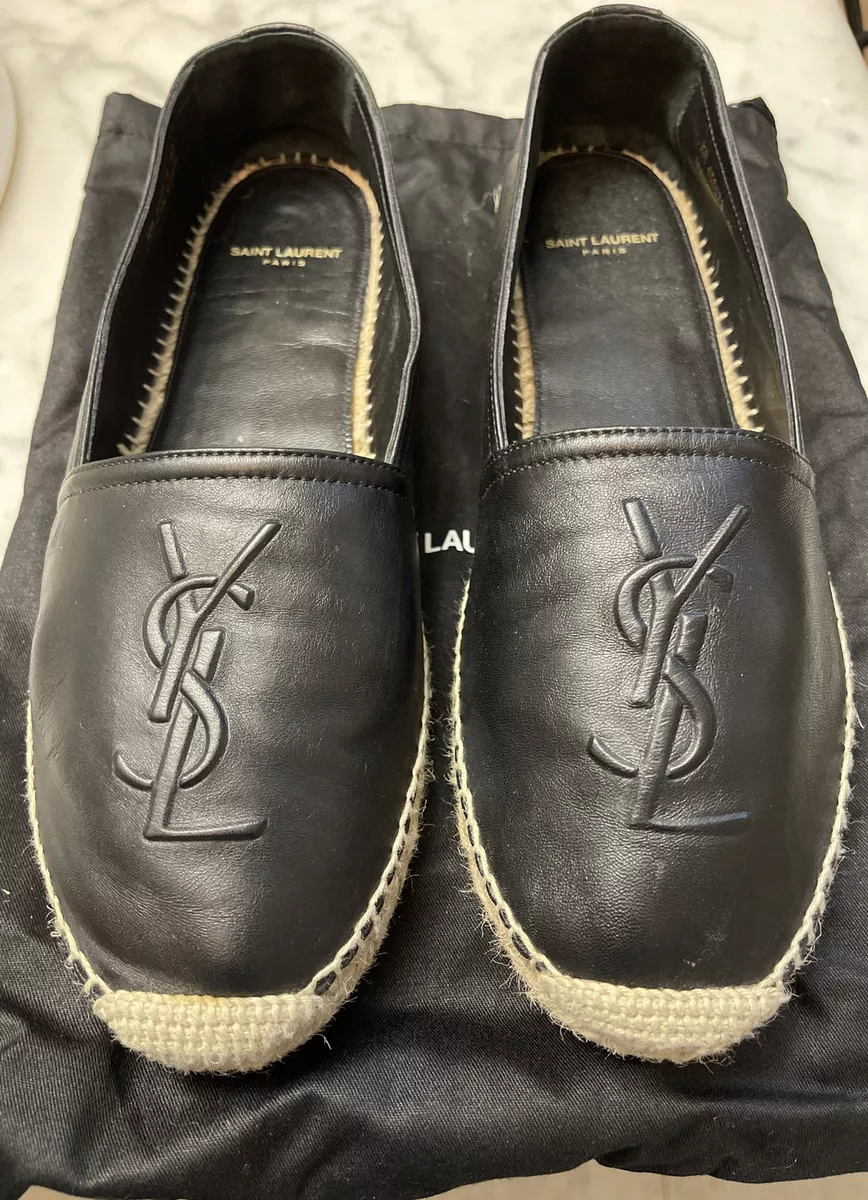 SAINT LAURENT YSL Logo Flat black leather espadrilles shoes Exclnt Cond Sz  9/40