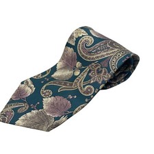 417 By Van Heusen Mens Tie Green Gold Paisley Leaf Pattern 100 Silk