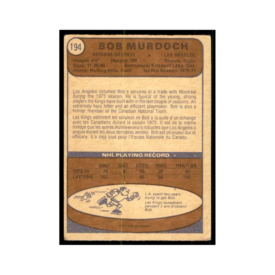 1974 O-Pee-Chee (damaged) Bob Murdoch RC Los Angeles Kings #194 - Image 2 of 3