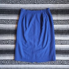 Vtg USA Unbranded 14/M Below Knee Ankle 100 Wool Pleated Straight Skirt Blue