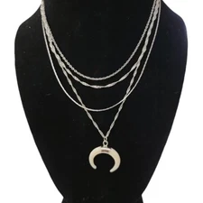 White Crescent Moon Chakra 4 Varied Chain Necklace Silver Tone Healing Holistic
