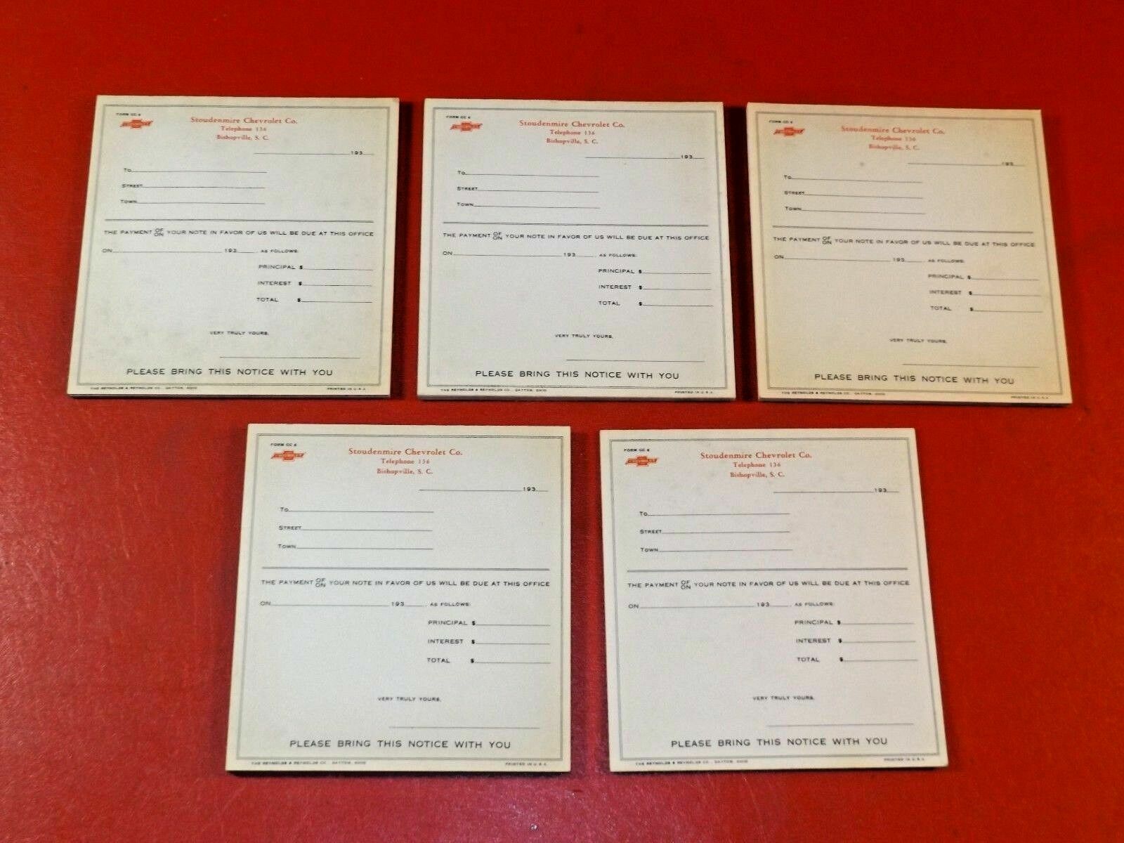 NOS 1930s Chevrolet dealership car payment invoices / Stoudenmire