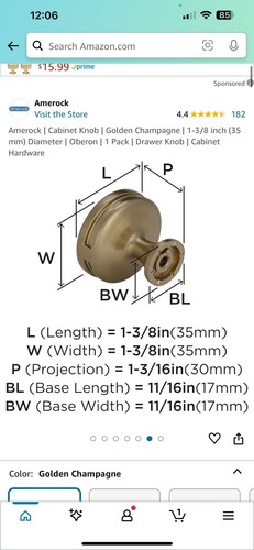 Amerock Oberon 1-3/8" (35 mm) Golden Champagne Cabinet Knobs - Picture 3 of 7