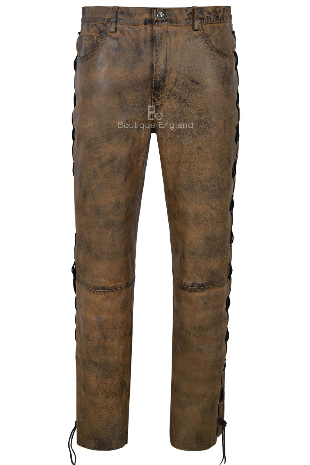 Pantalón de cuero de motociclista para hombre marrón sucio con cordones estilo motocicleta 100 % Napa 00126