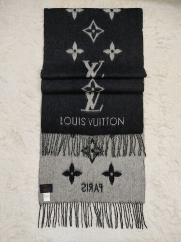 Louis Vuitton Scarf Wrap Stole Black & Gray 100% Cashmere LV Monogram Reversible - Picture 3 of 9