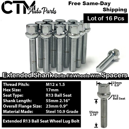 16x Chrome 12x1.5 Ball Seat Lug Bolts 55mm Shank Audi VW Smart w/ 25-30mm Spacer - Picture 1 of 5