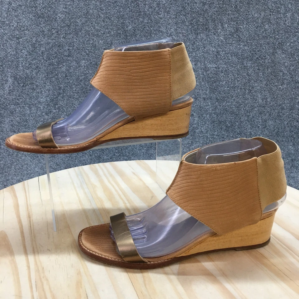 Ankle Strap Wedge Sandals Womens 38 Metallic Gold Brown Leather Casual Open Toe - Image 2 of 4