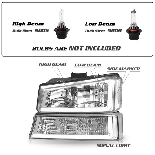 Chrome Headlights For 2003-2006 Chevy Silverado Avalanche Bumper Lamp W/ LED DRL - Picture 2 of 8