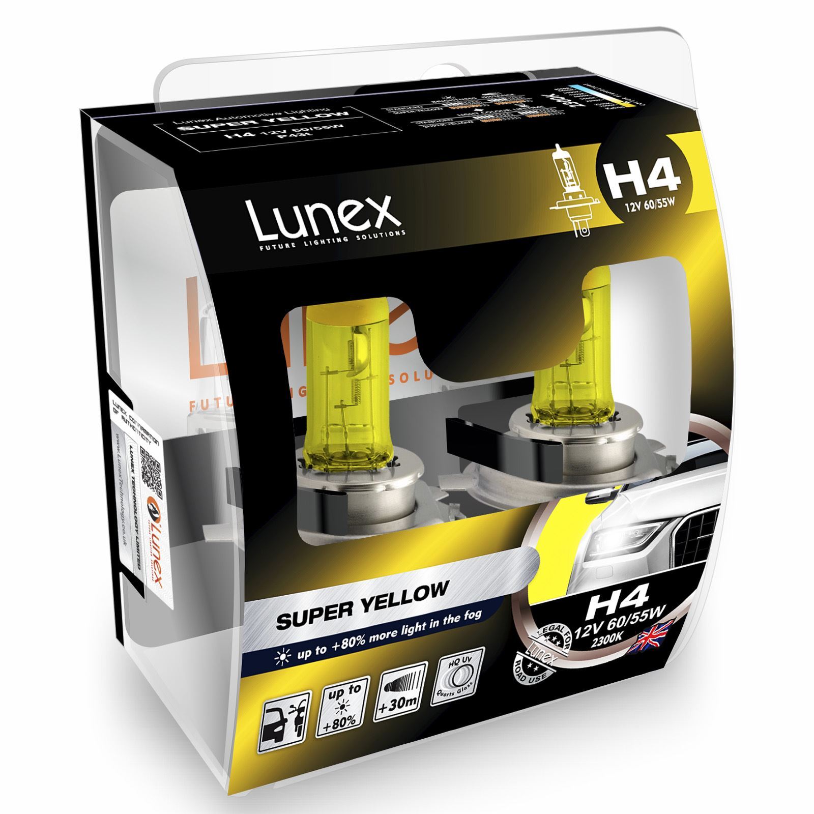 H4 Car Halogen Headlight Bulbs Lunex SUPER YELLOW 12V 60/55W 2300K P43t Twin