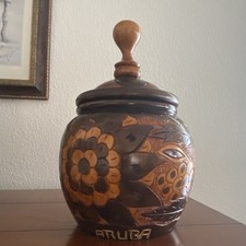 Hand Carved Wooden Aruba Jar with Lid