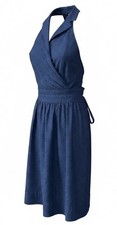 Milly of New York Blue Jacquard Cotton Halter Wrap Midi Dress Size 4 Made in USA