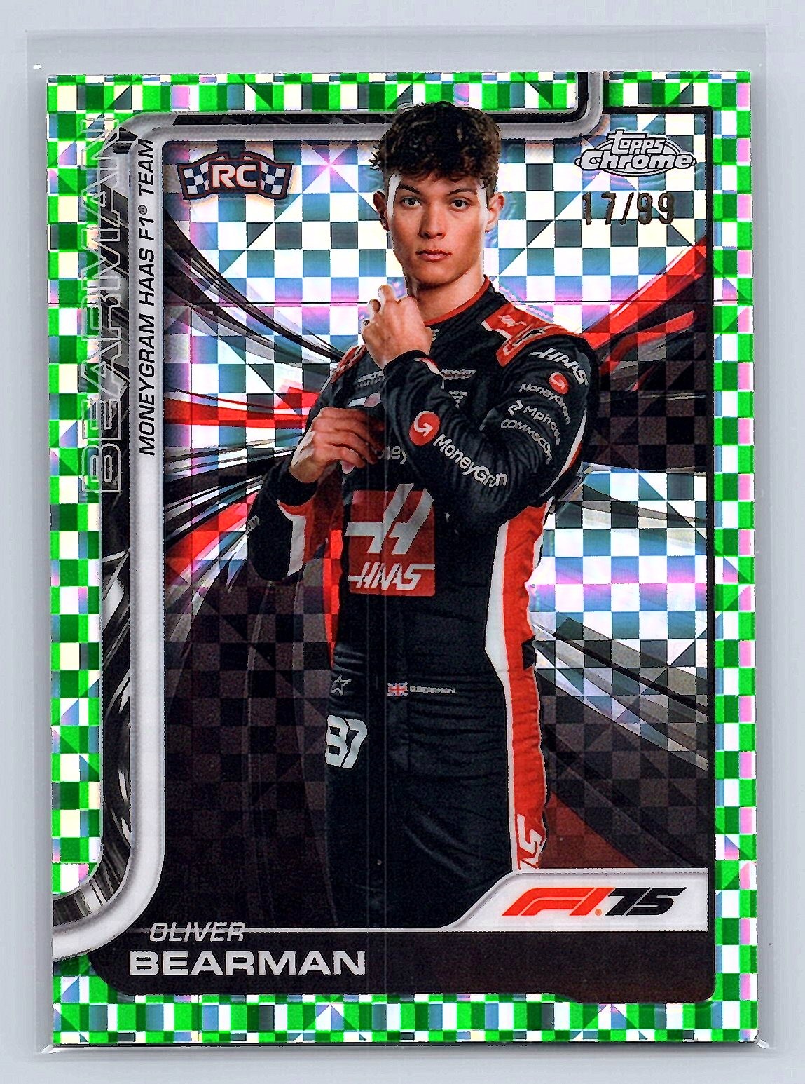 Oliver Bearman 2025 Topps Chrome F1 #14 Green Checker Flag Rookie #/99 *ka