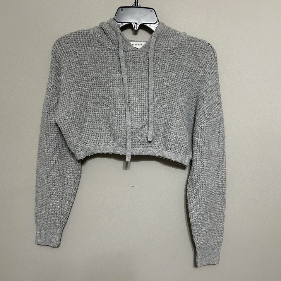 Sudadera con Capucha Aeropostale Para Mujer Recortada S Gris Pescador Tejido Gofre Informal Foto 2 de 4