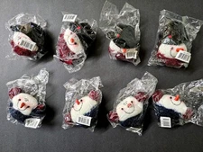 Set of 8 NEW, Vintage, Plush Snowman Head Ornaments with Top Hats and Earmuffs