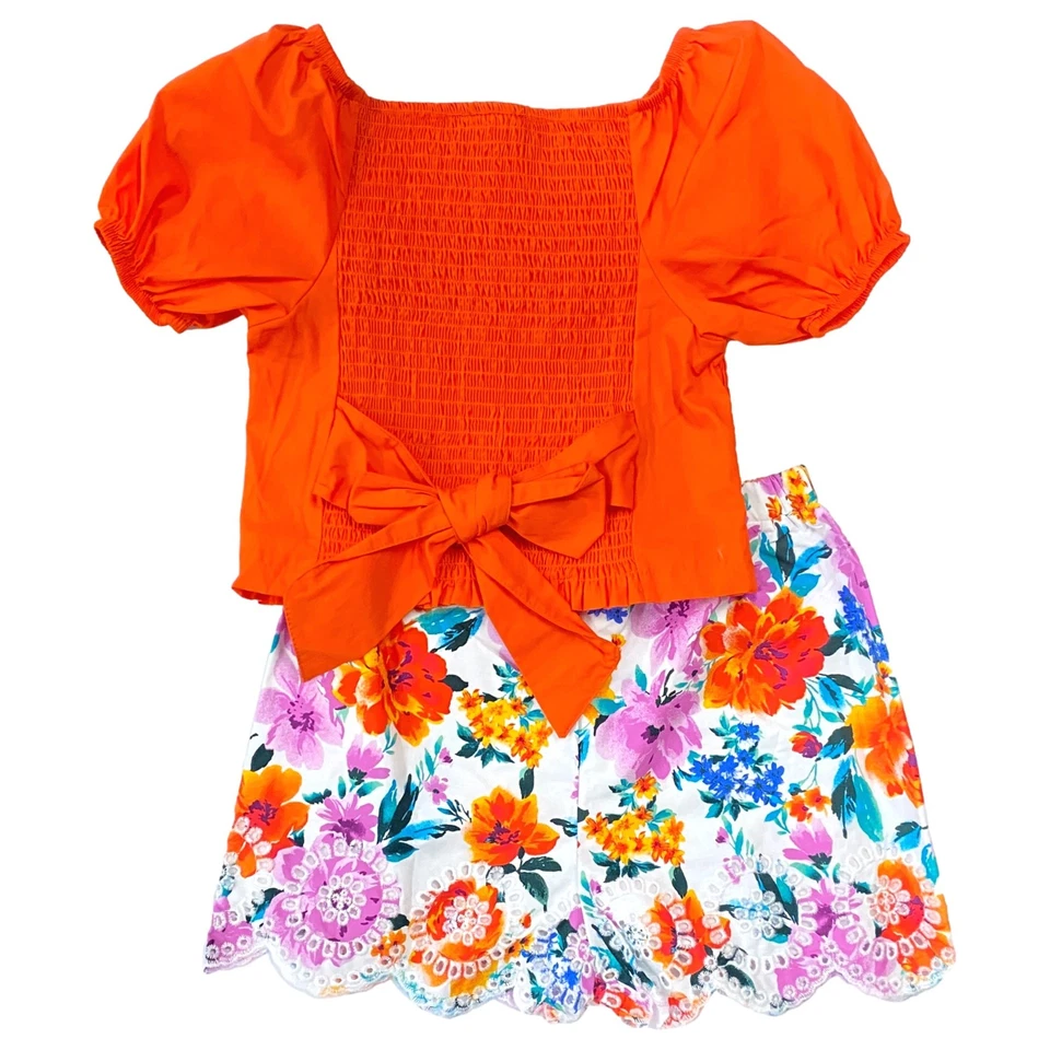 Conjunto de falda corta floral y manga abullonada naranja de ediciones raras para niñas Foto 2 de 2