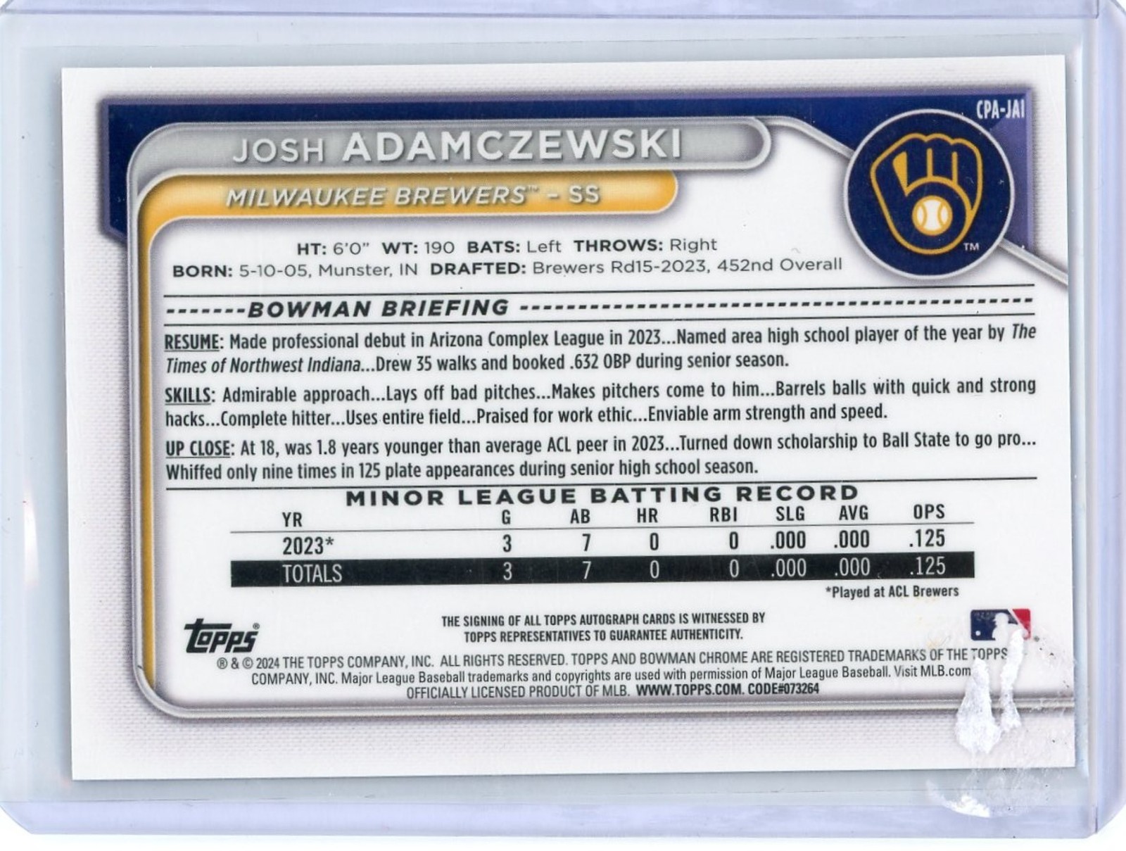 2024 Bowman Chrome Josh Adamczewski #CPA-JAI Auto Purple /250 1st Brewers view 2