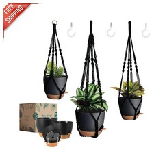 Versatile 3 Pack Black Macrame Plant Hangers with Self-Watering Pots - 3 Sizes