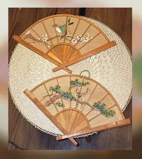 Pair Of Vtg Asian Fans Hand Painted Birds On Cloth  Bamboo Hanging Wall Decor