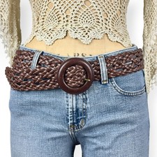70s Wide Brown Woven Belt Chunky Round Buckle Western Retro Size OS M L