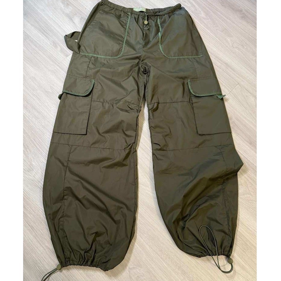 JUSTA PETRA Olive Green Cargo Parachute Pants Drawstring Waist Baggy Adjustable