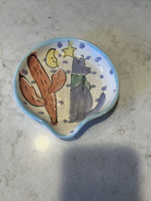 90 s Southwest Pop Art Ceramic Spoon Rest Wolf Catus Moon Hand Painted White 92