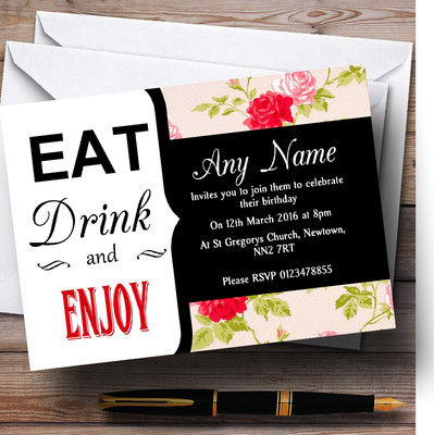 Essen Trinken Rosa Aquarell Blumen Personalisiert Geburtstag Party Einladungen