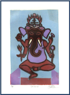 GANESHA Hindu Elephant God; Original Multi-Color LINOCUT Signed LISTED ARTIST