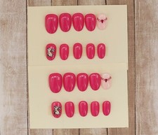 Custom Press On Handmade Gel Nails Pink Jewel Bunny Accents Oval Short 20 Tips