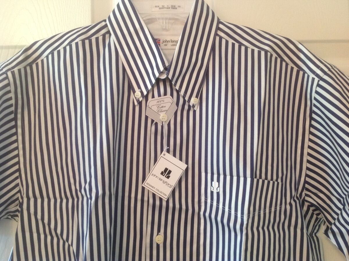 JOHN LANGFORD OF LONDON Men's Shirt - Size Medium (Navy Blue and White  Stripe)