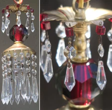 Vintage Smokey Ruby Brass SWAG lamp chandelier crystal glass prisms red beads