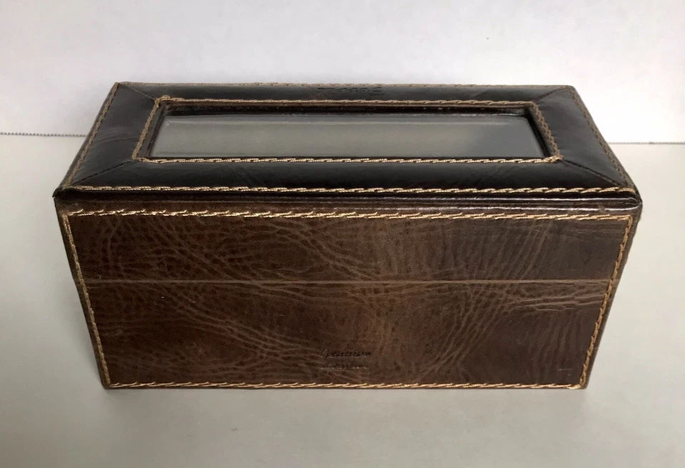 FOSSIL Caja Reloj Joyería Valet Cuero Genuino 3 Secciones Marrón Organizador Foto 3 de 4