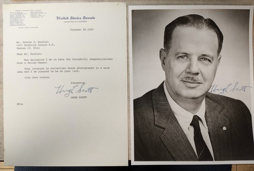 Hugh Scott Letter & Signed B&W Photo - 1963 - PA Senator & Senate Min. Ldr