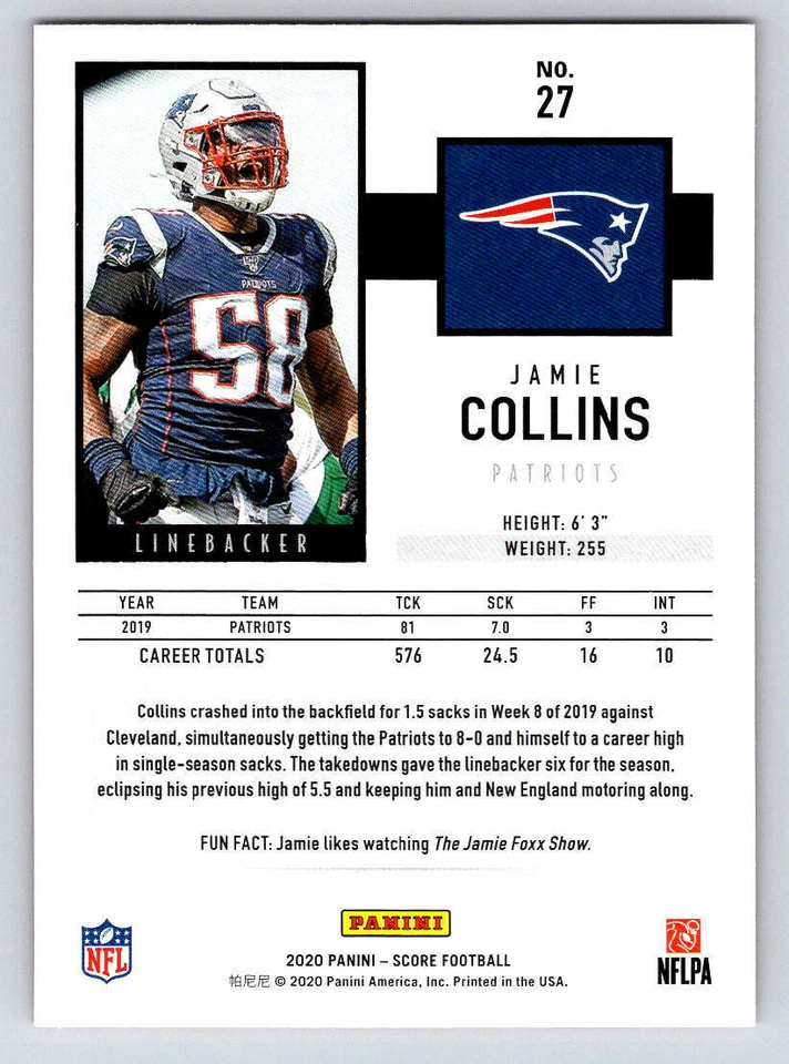 2020 Score Autographs Red Zone #27 Jamie Collins 20 (ref 174729) - Image 2 of 2