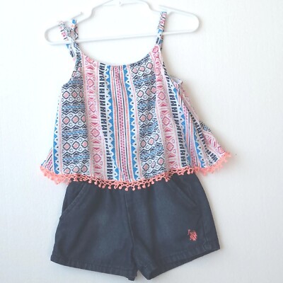 U.S. Polo Assn Romper 3T Denim Shorts Boho Print Top Adjustable Straps Fringe